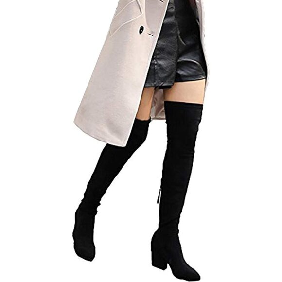 Women’s Thigh High Block Heel Boots - Pointed Toe Over the Knee Stretch Boots - Picture 8 of 8